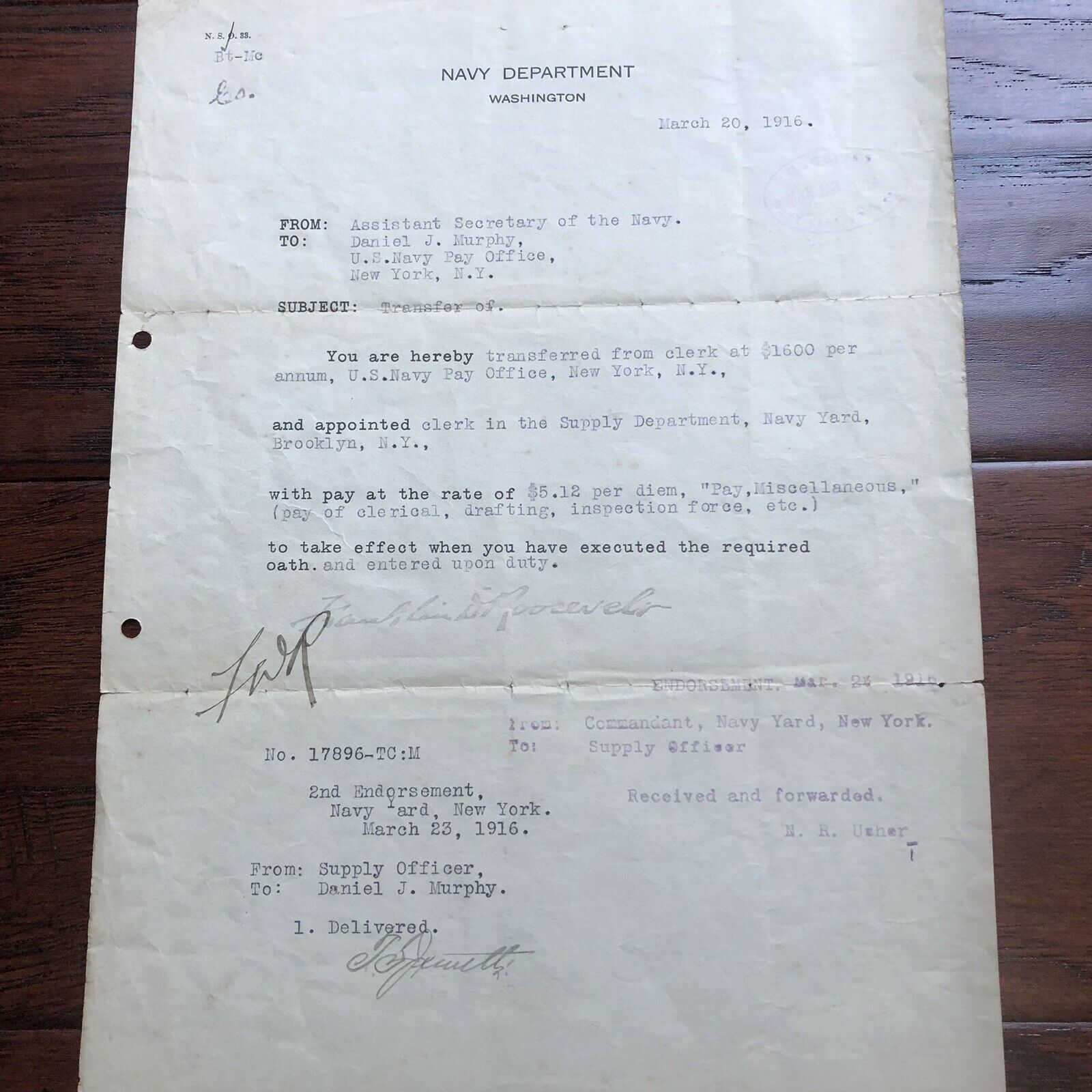 FRANKLIN D. ROOSEVELT * JSA LOA * Hand Signed Navy Document Autograph * FDR