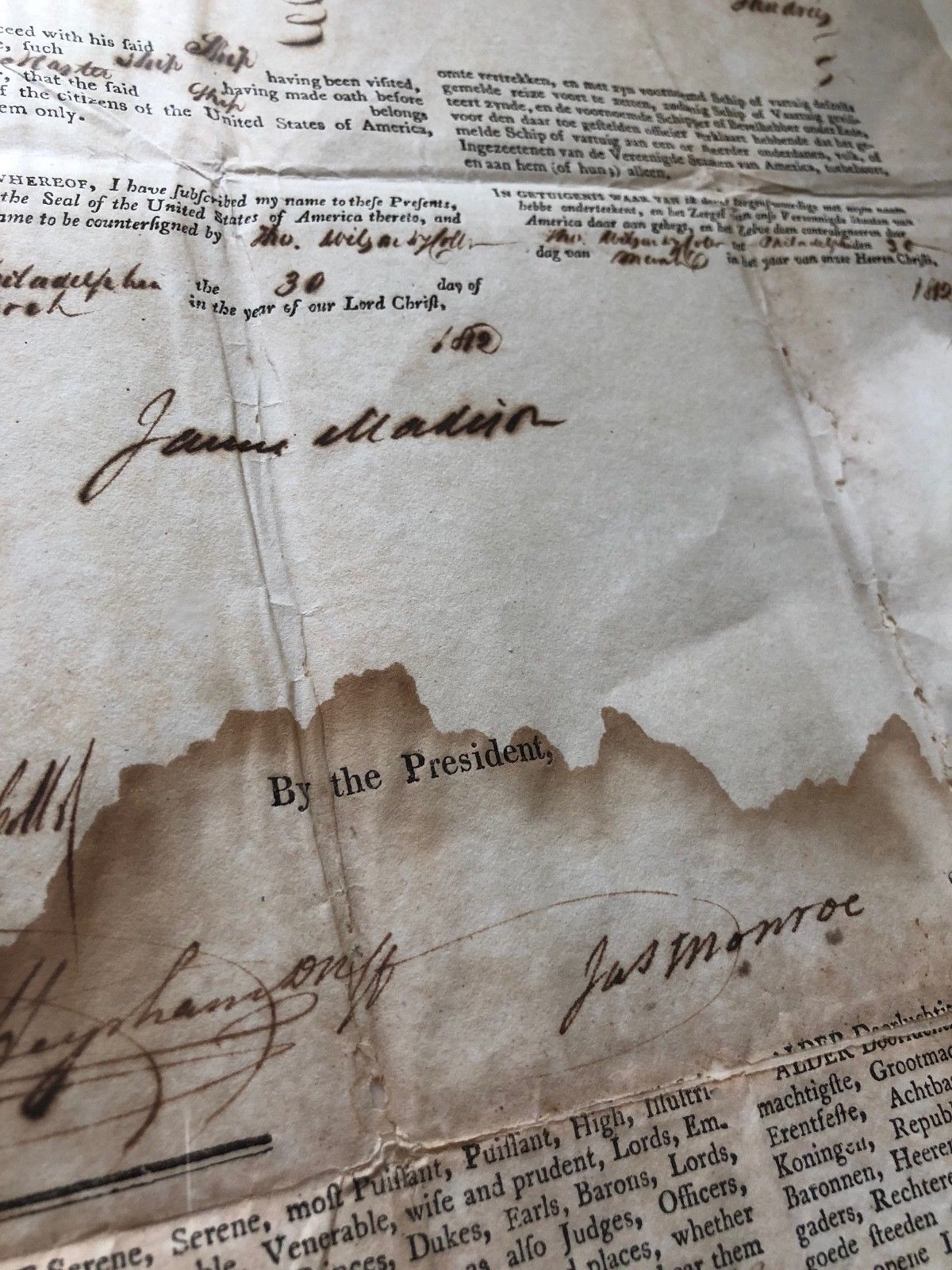 JAMES MADISON * JAMES MONROE Dual AUTOGRAPH Ship's Papers SIGNED * 1812