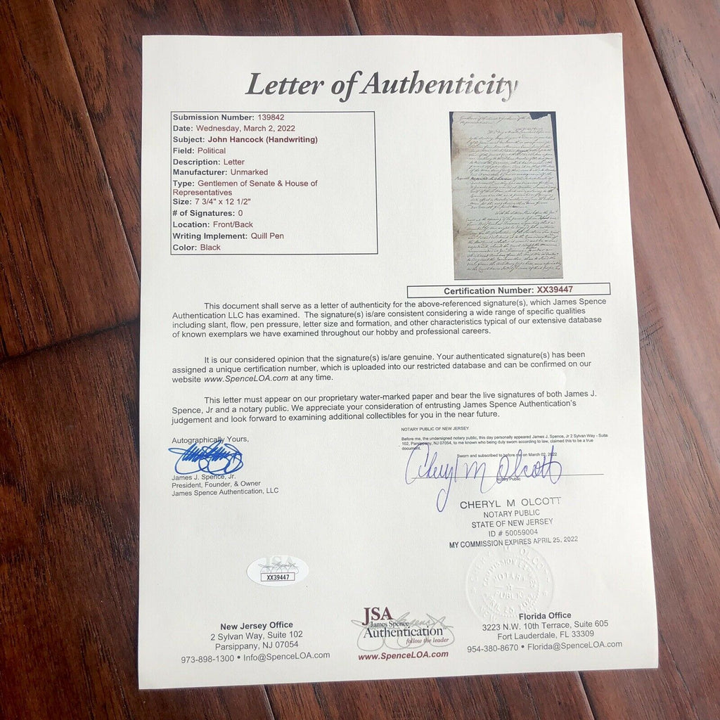 JOHN HANCOCK * JSA * Handwritten Draft Reinforcing Troops * No Autograph Signed