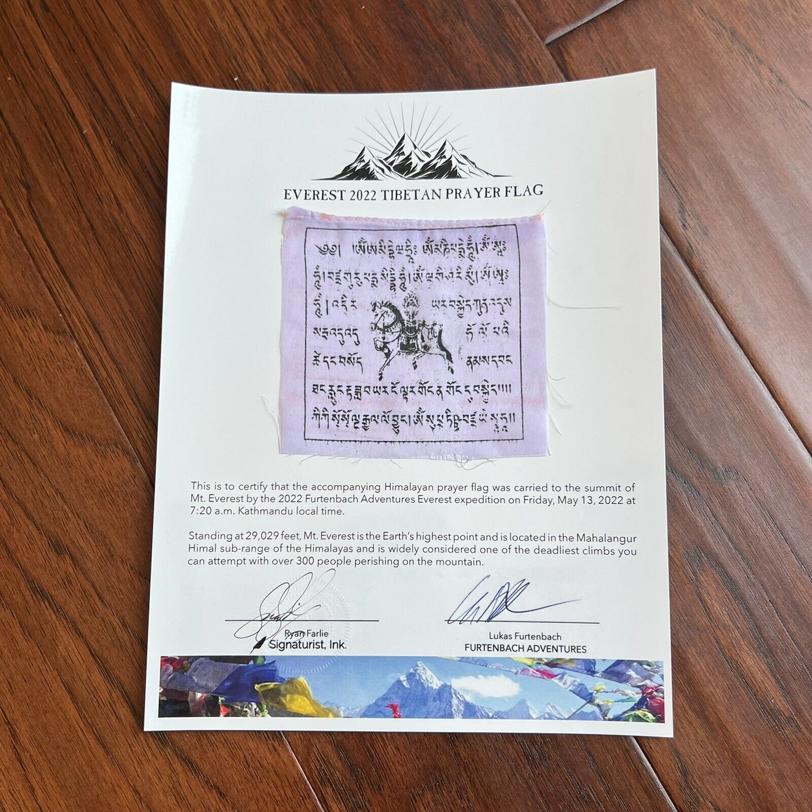 MOUNT EVEREST Genuine Prayer Flag ARTIFACT Carried to the Summit of MT 29029 FT