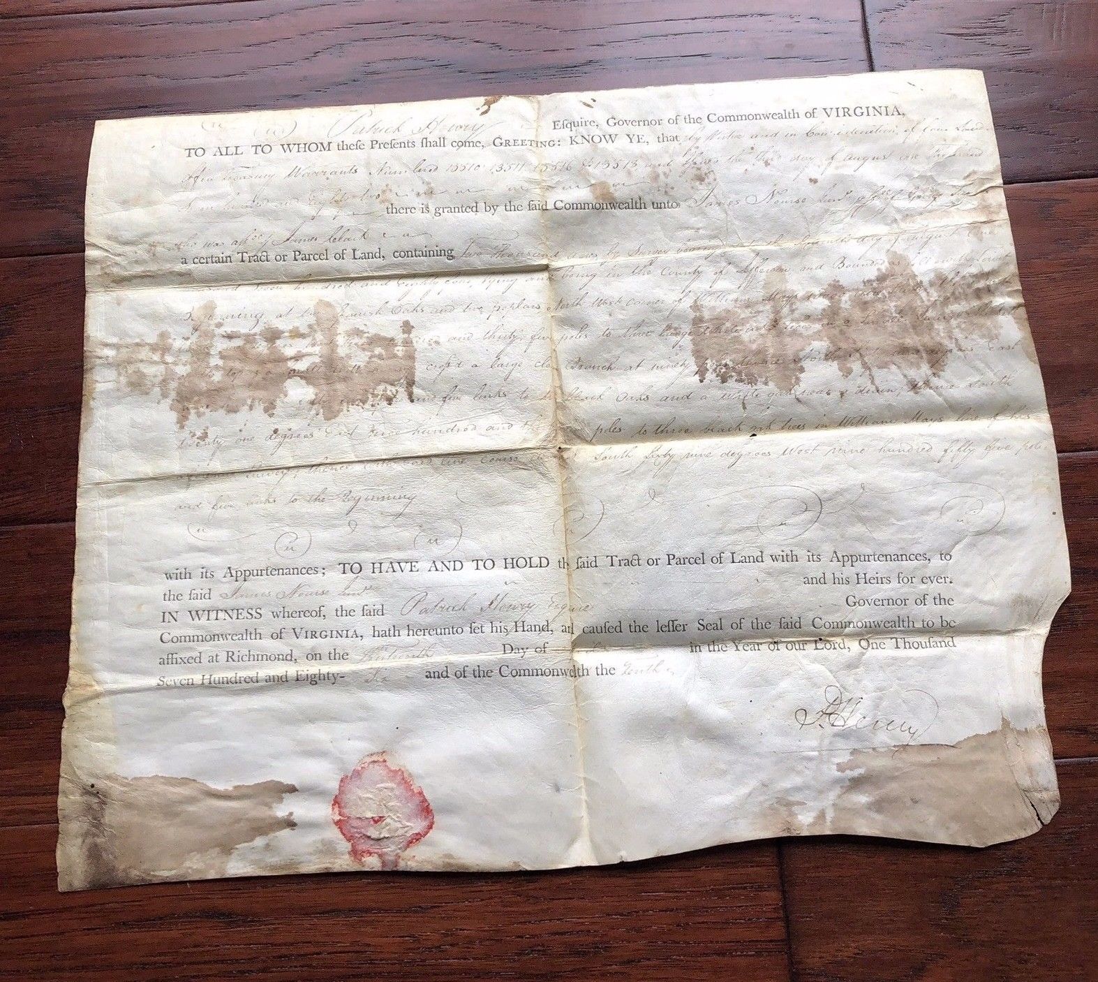 PATRICK HENRY * Signed Land Grant to Friend of GEORGE WASHINGTON * Autograph