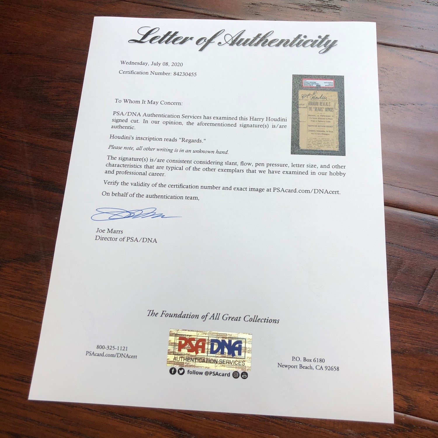 HARRY HOUDINI * PSA/DNA * Autograph Encapsulated Mind Reader Newspaper Signed *