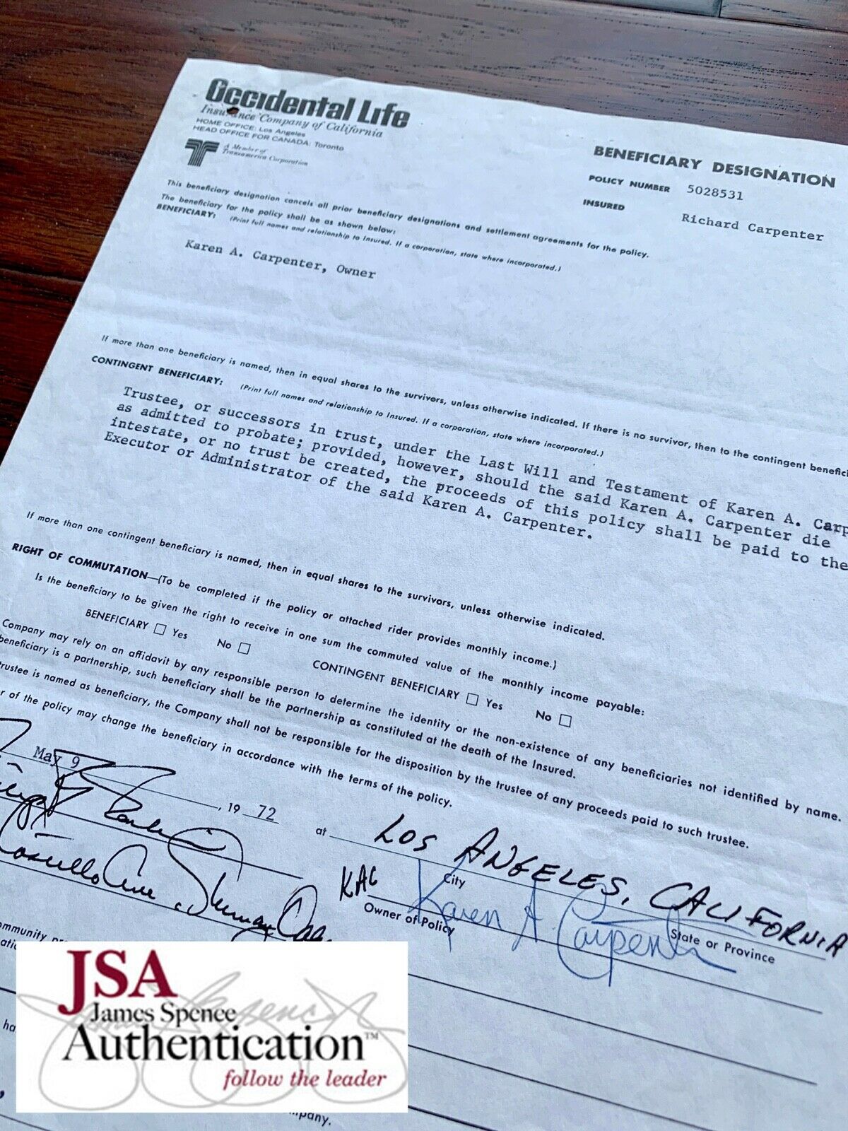 THE CARPENTERS * JSA * Karen's LIFE INSURANCE Beneficiary Form Autograph SIGNED