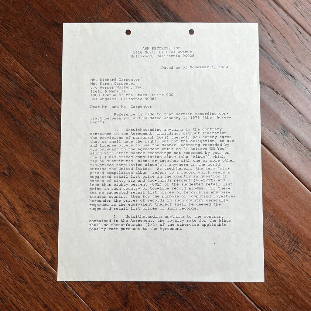 THE CARPENTERS * JSA * Karen & Richard AUTOGRAPH Duo * MUSIC CONTRACT * Signed