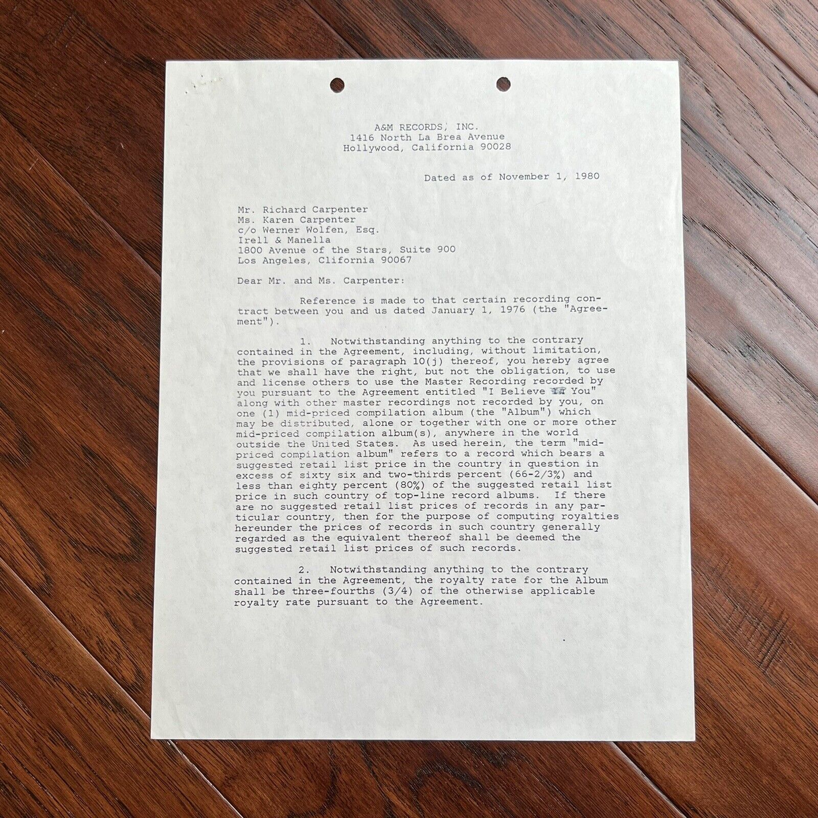THE CARPENTERS * JSA * Karen & Richard AUTOGRAPH Duo * MUSIC CONTRACT * Signed