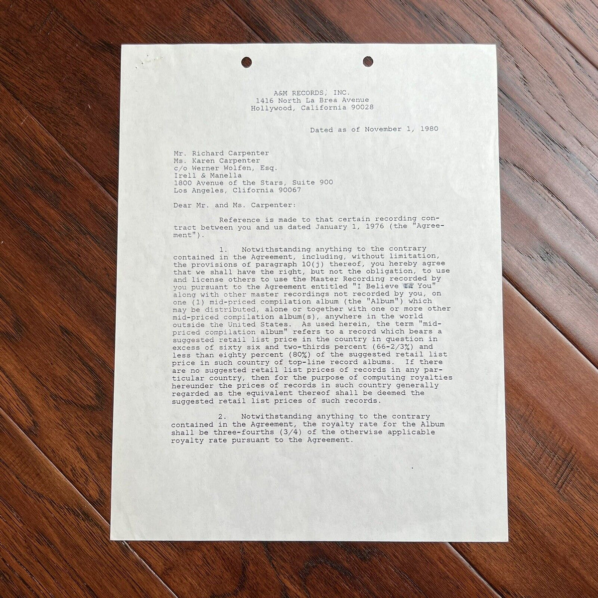 THE CARPENTERS * JSA * Karen & Richard AUTOGRAPH Duo * MUSIC CONTRACT * Signed