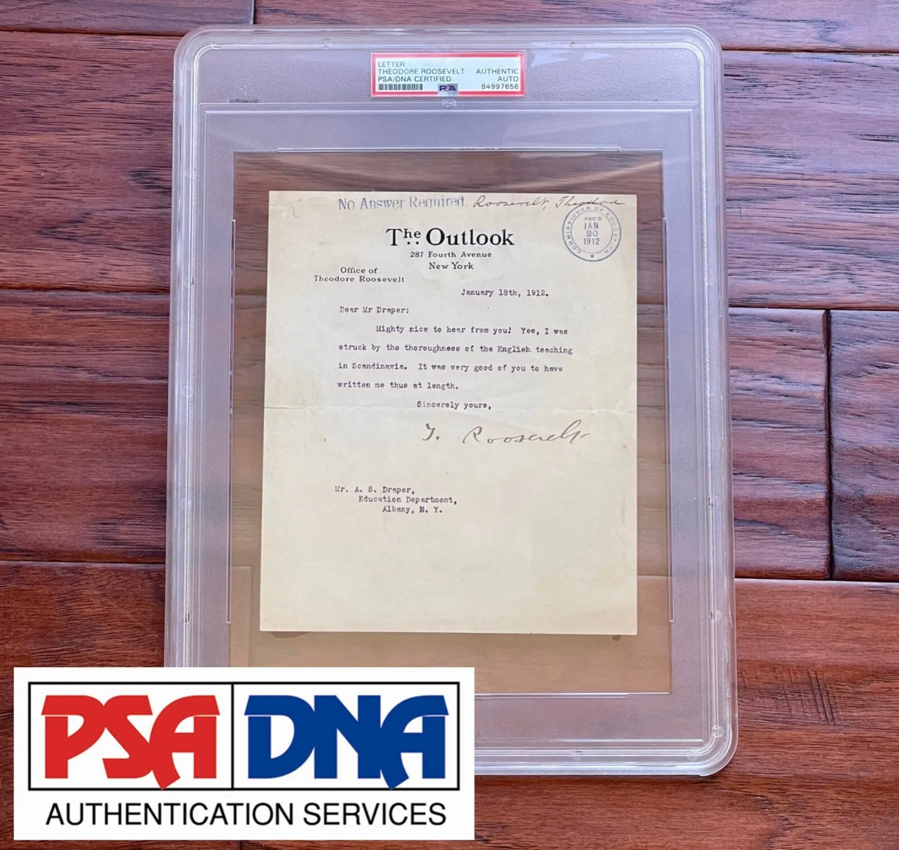 THEODORE ROOSEVELT * PSA/DNA Slabbed * OUTLOOK Autograph Letter Signed