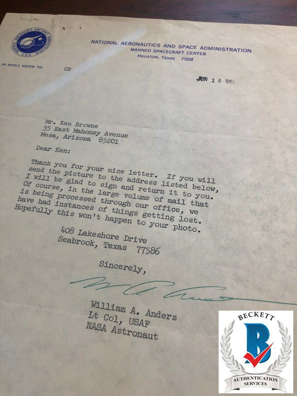 BILL ANDERS * Beckett BAS * Hand Signed Autograph NASA LETTER Apollo 8 William *