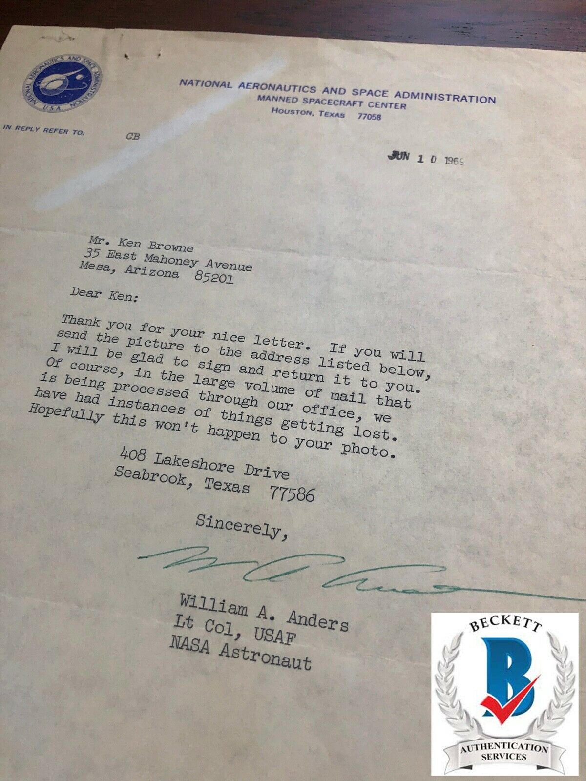 BILL ANDERS * Beckett BAS * Hand Signed Autograph NASA LETTER Apollo 8 William *