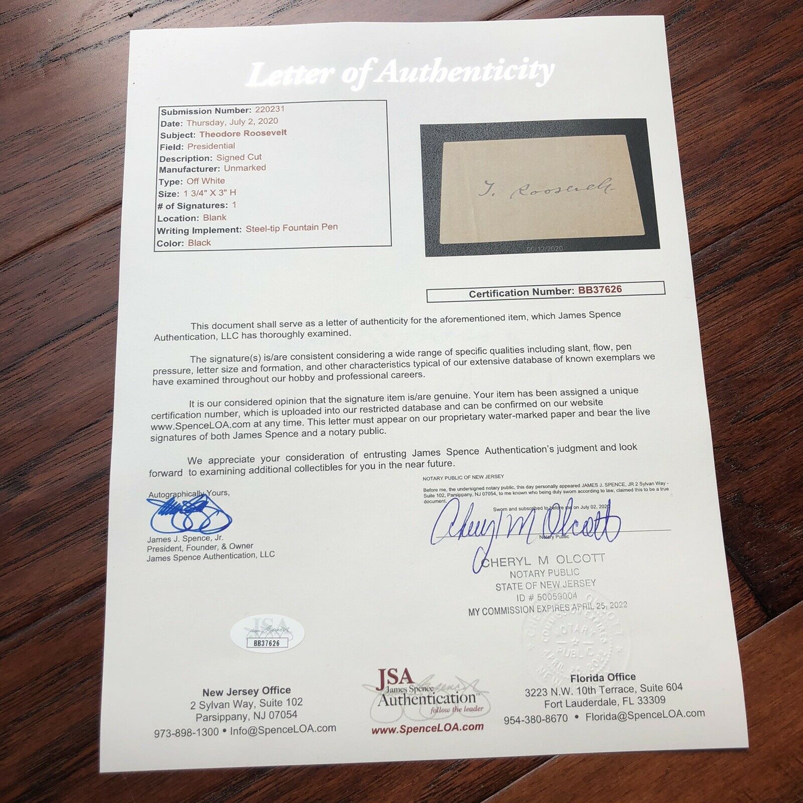 THEODORE ROOSEVELT * JSA LOA * Hand Signed Vice Presidents Card Autograph