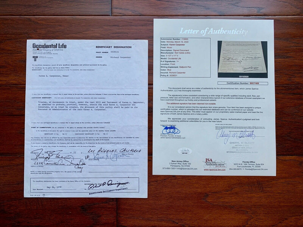 THE CARPENTERS * JSA * Karen's LIFE INSURANCE Beneficiary Form Autograph SIGNED