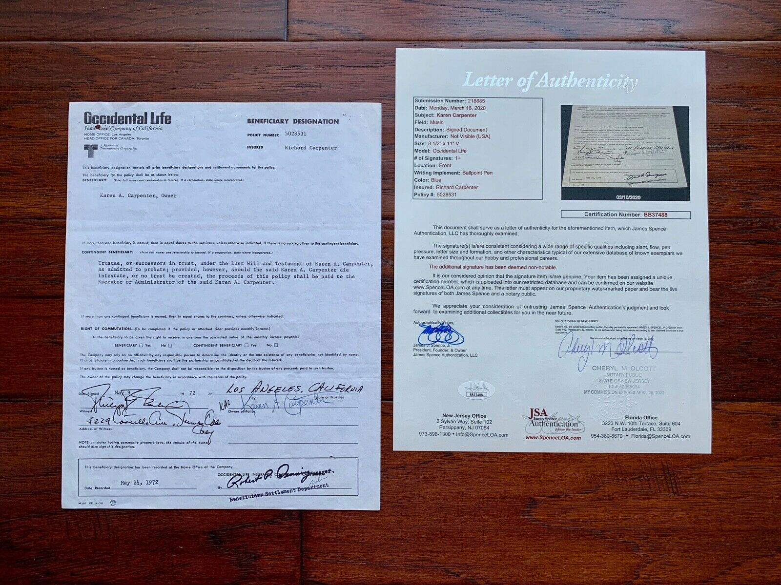 THE CARPENTERS * JSA * Karen's LIFE INSURANCE Beneficiary Form Autograph SIGNED