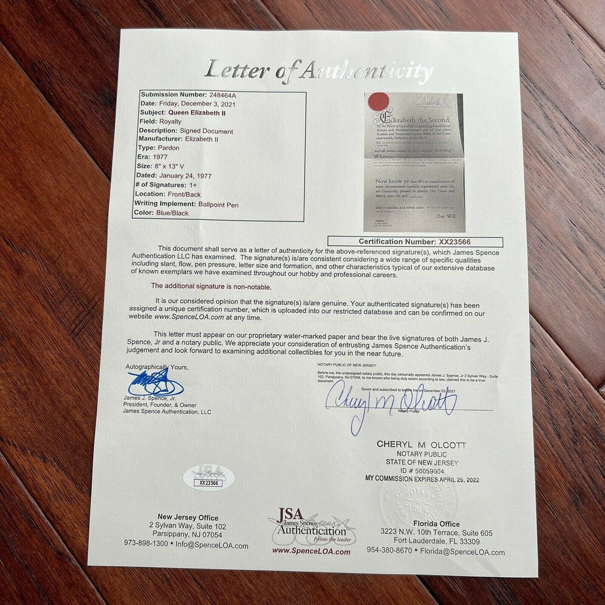 QUEEN ELIZABETH II * JSA LOA * Hand Signed Royal Pardon Document Autograph