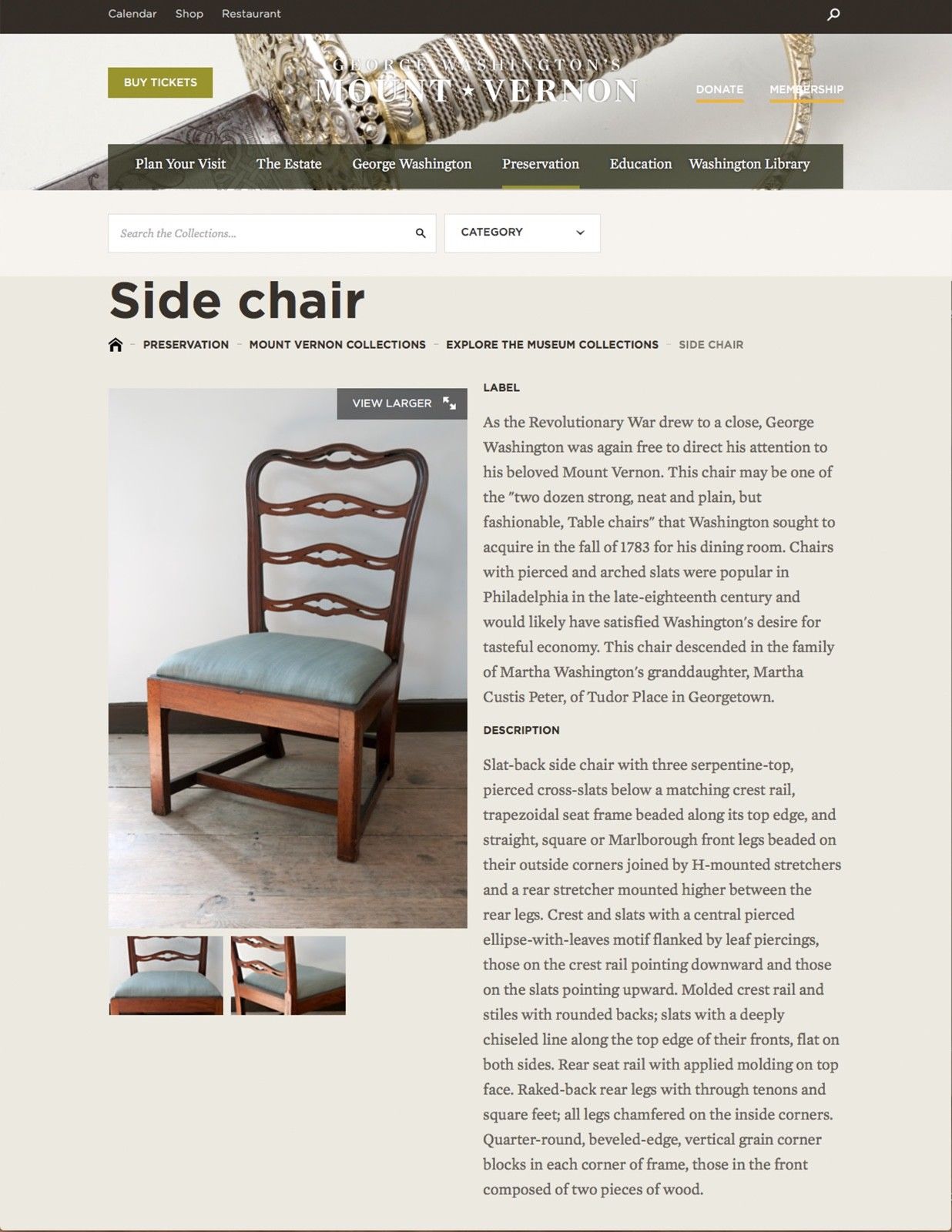 GEORGE WASHINGTON * Mount Vernon Dining Chair * Gift to John Marshall SCOTUS