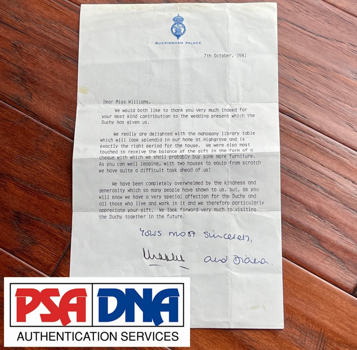 PRINCESS DIANA & KING CHARLES * PSA * Autograph WEDDING GIFT Letter Signed 1981