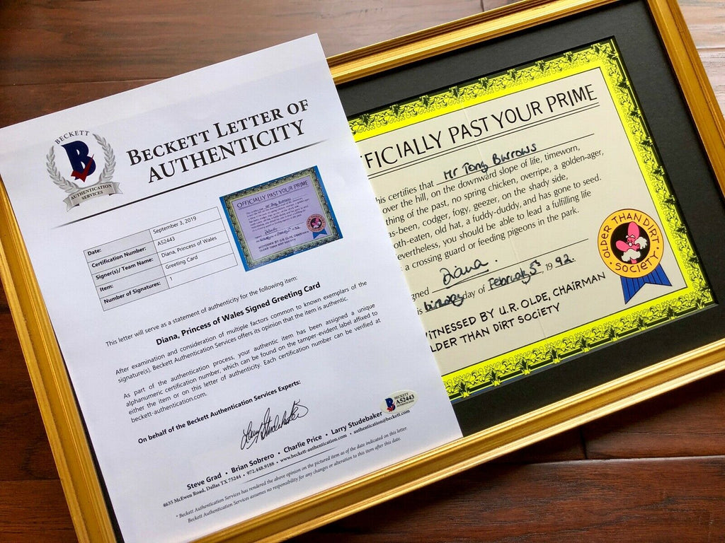 Princess DIANA * BAS * "Past Your Prime" AUTOGRAPH Birthday Certificate SIGNED