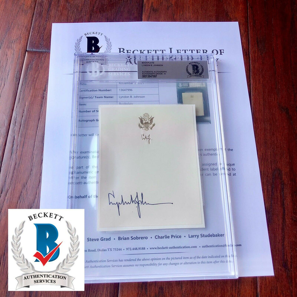 LYNDON B. JOHNSON * BECKETT BAS SLAB * GRADED MINT 9 Autograph Bookplate Signed
