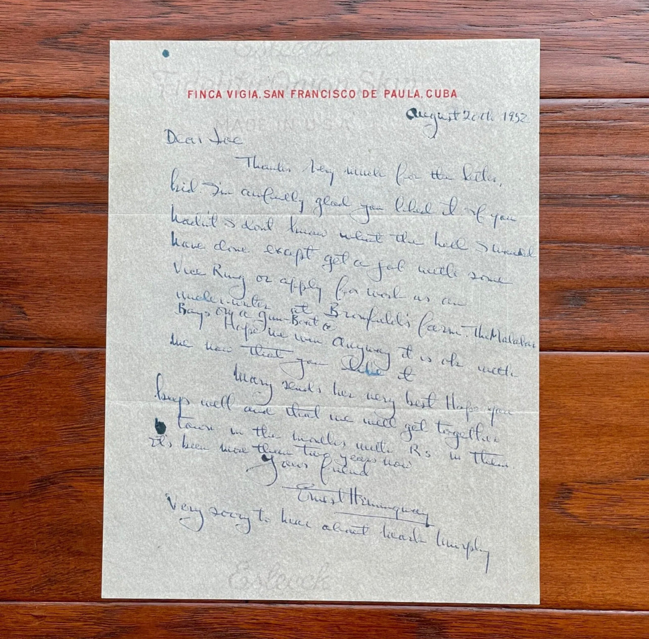 ERNEST HEMINGWAY * PSA/DNA * Autograph Letter Signed Re: "Old Man And The Sea"