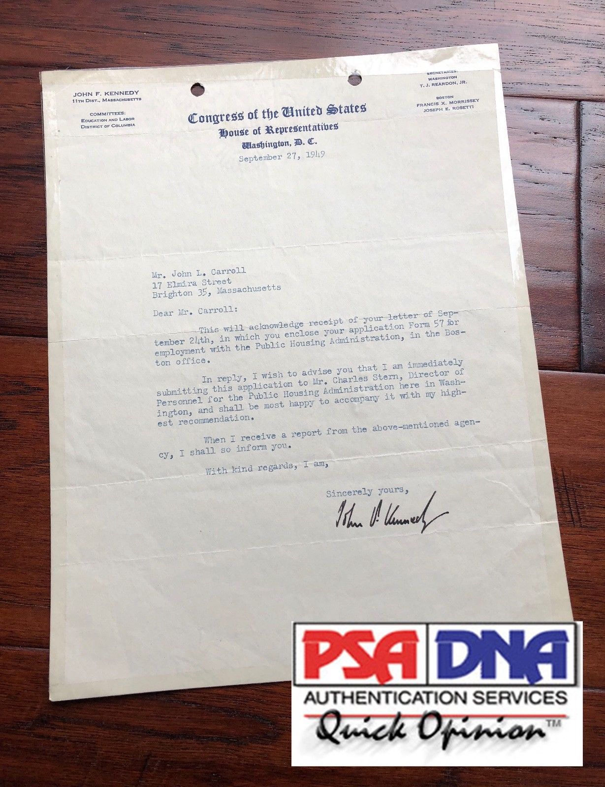 JOHN F. KENNEDY * EARLY 1949 Autograph Letter SIGNED * President House of Reps
