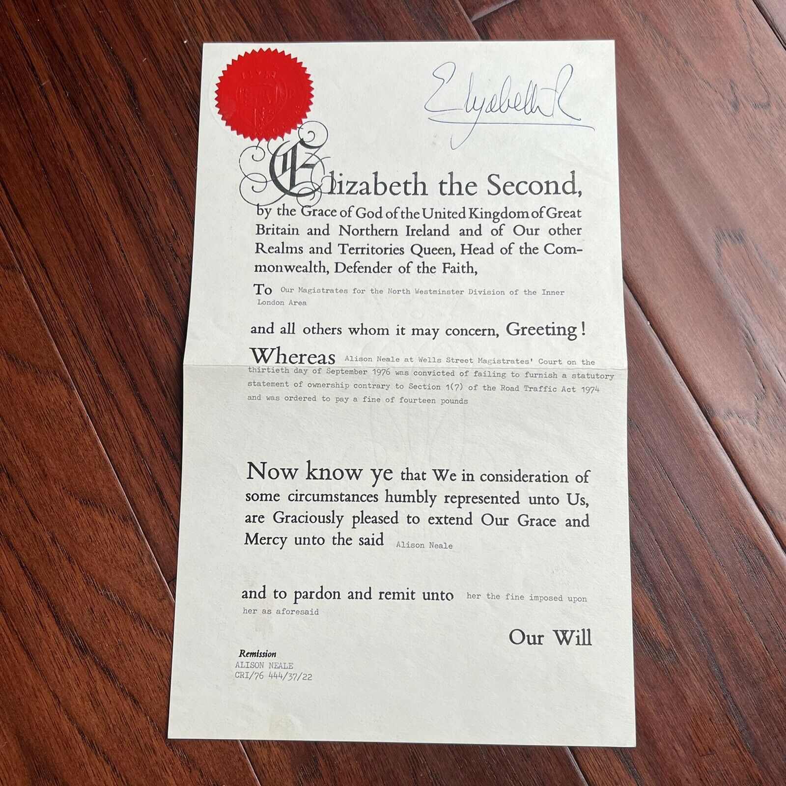 QUEEN ELIZABETH II * JSA LOA * Hand Signed Royal Pardon Document Autograph