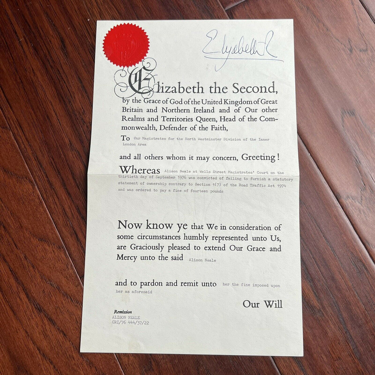 QUEEN ELIZABETH II * JSA LOA * Hand Signed Royal Pardon Document Autograph