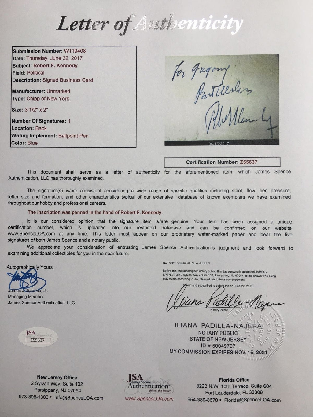 ROBERT F. KENNEDY * JSA COA * Scarce Authentic AUTOGRAPH Card SIGNED