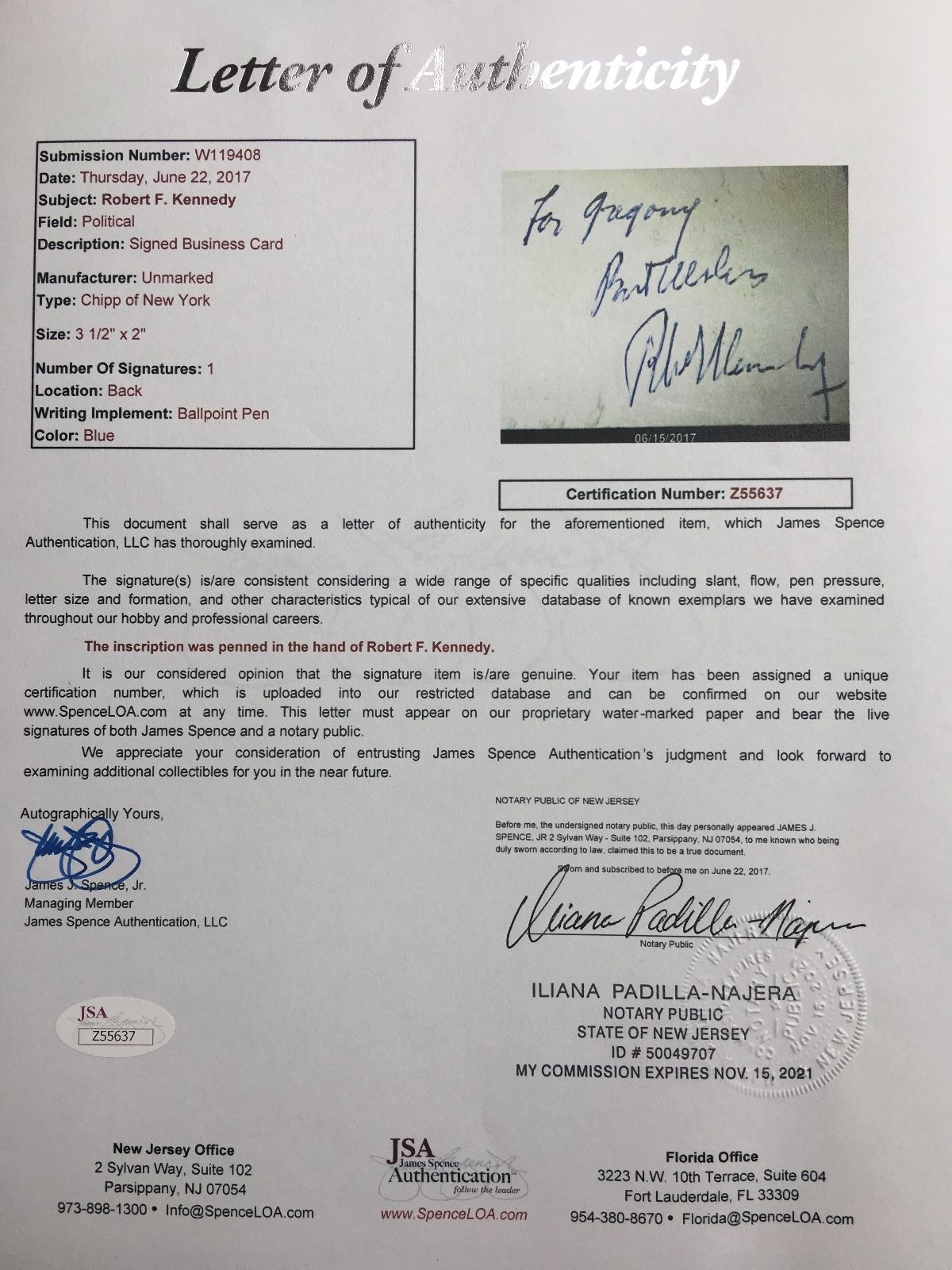 ROBERT F. KENNEDY * JSA COA * Scarce Authentic AUTOGRAPH Card SIGNED