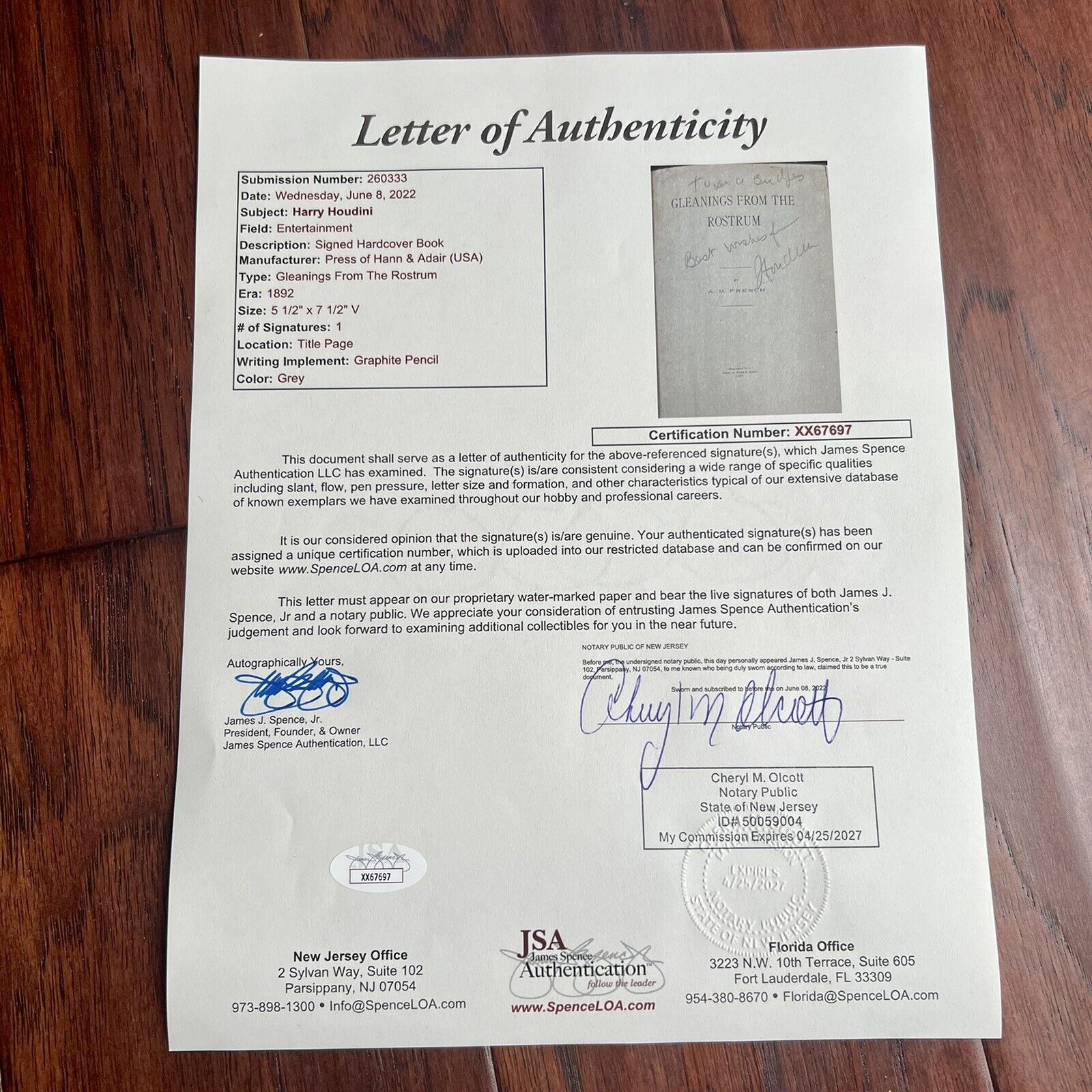 HARRY HOUDINI * JSA LOA * AUTOGRAPH Spiritualism Book "Gleanings" Signed