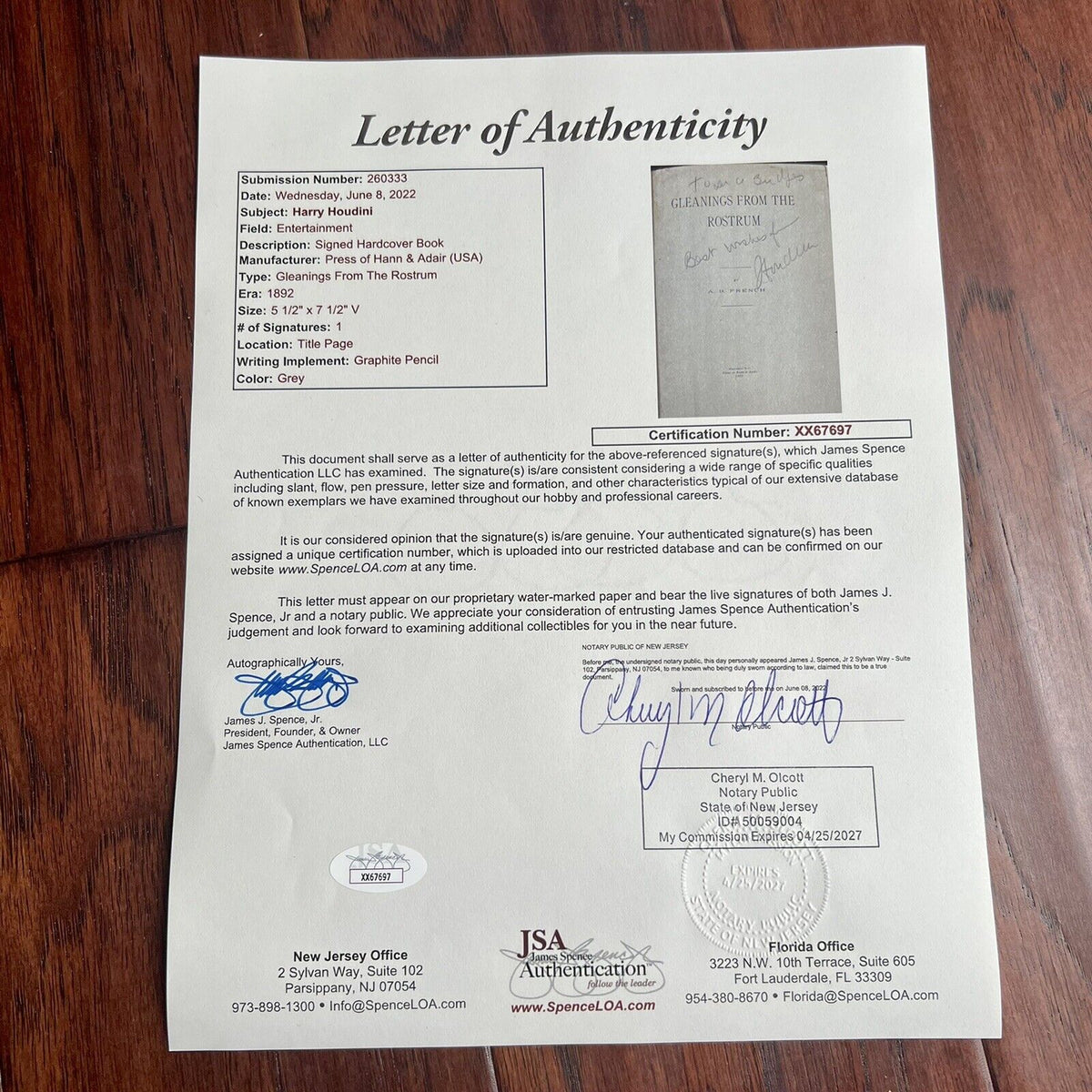 HARRY HOUDINI * JSA LOA * AUTOGRAPH Spiritualism Book "Gleanings" Signed