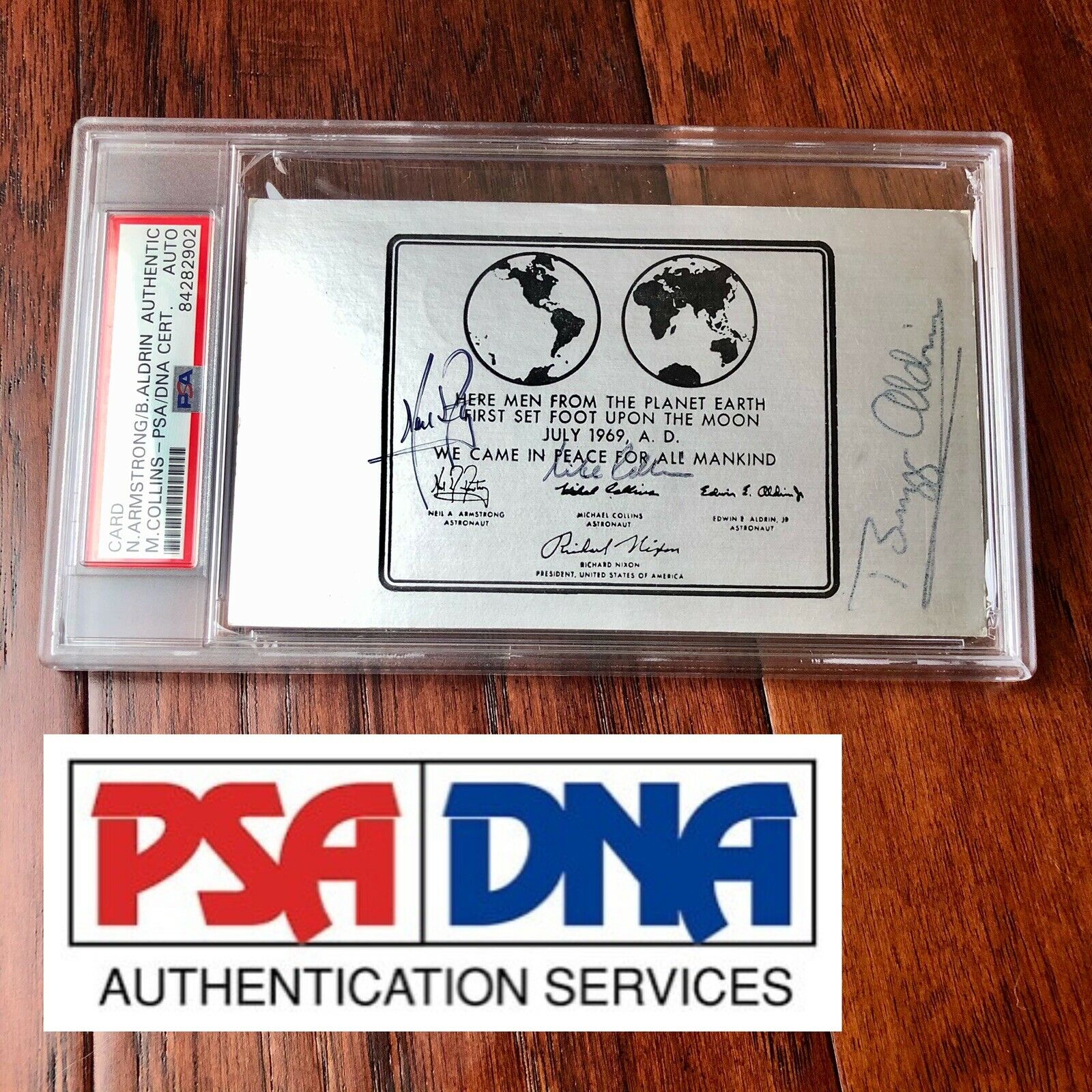 APOLLO 11 * PSA/DNA * Crew Signed Came In Peace Plaque Autograph Neil Armstrong