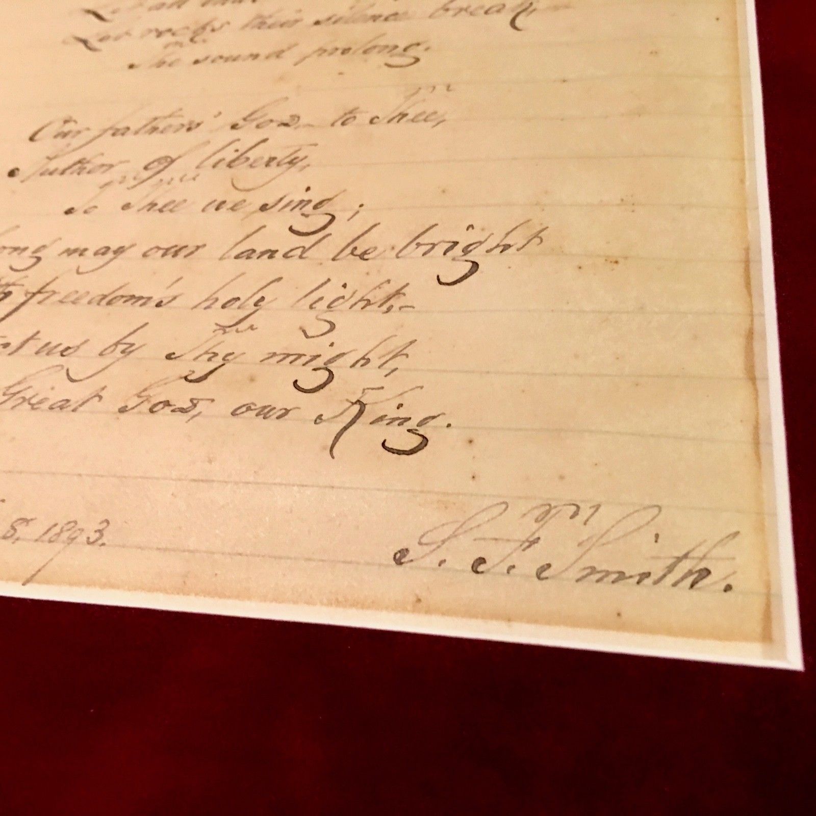 SAMUEL FRANCIS SMITH "America" / My Country 'Tis of Thee AUTOGRAPH Lyrics Signed