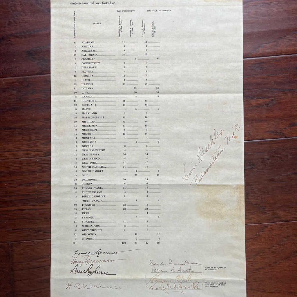 FRANKLIN D ROOSEVELT & HARRY TRUMAN * Signed Electoral Senate Vote Autograph JSA