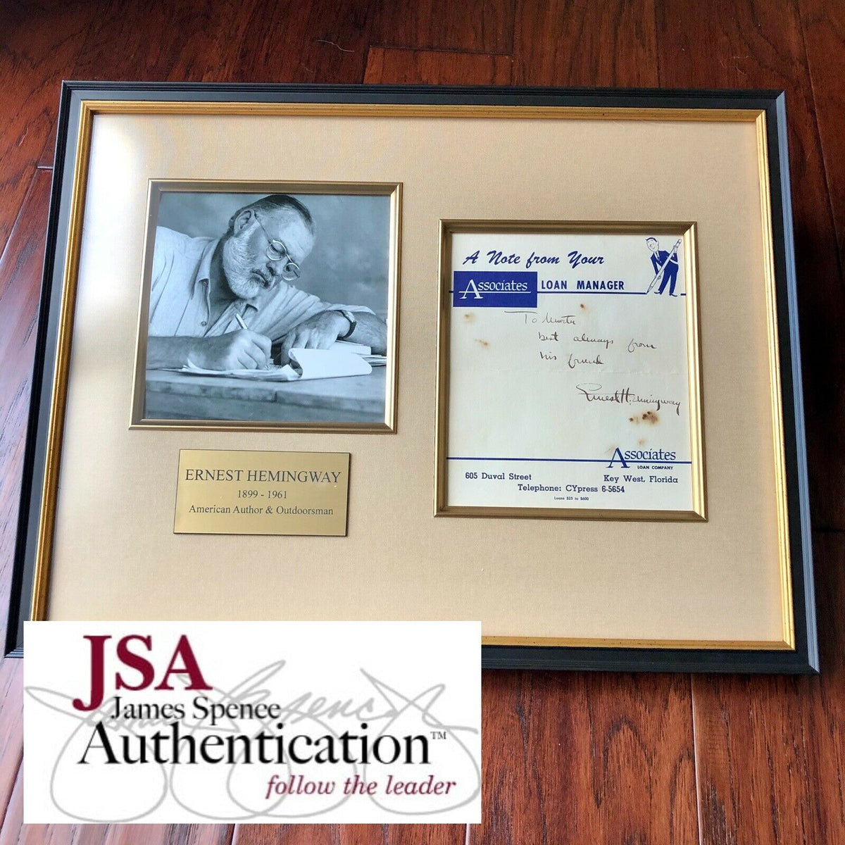 ERNEST HEMINGWAY * JSA LOA * Handwritten Autograph Key West Note Signed *