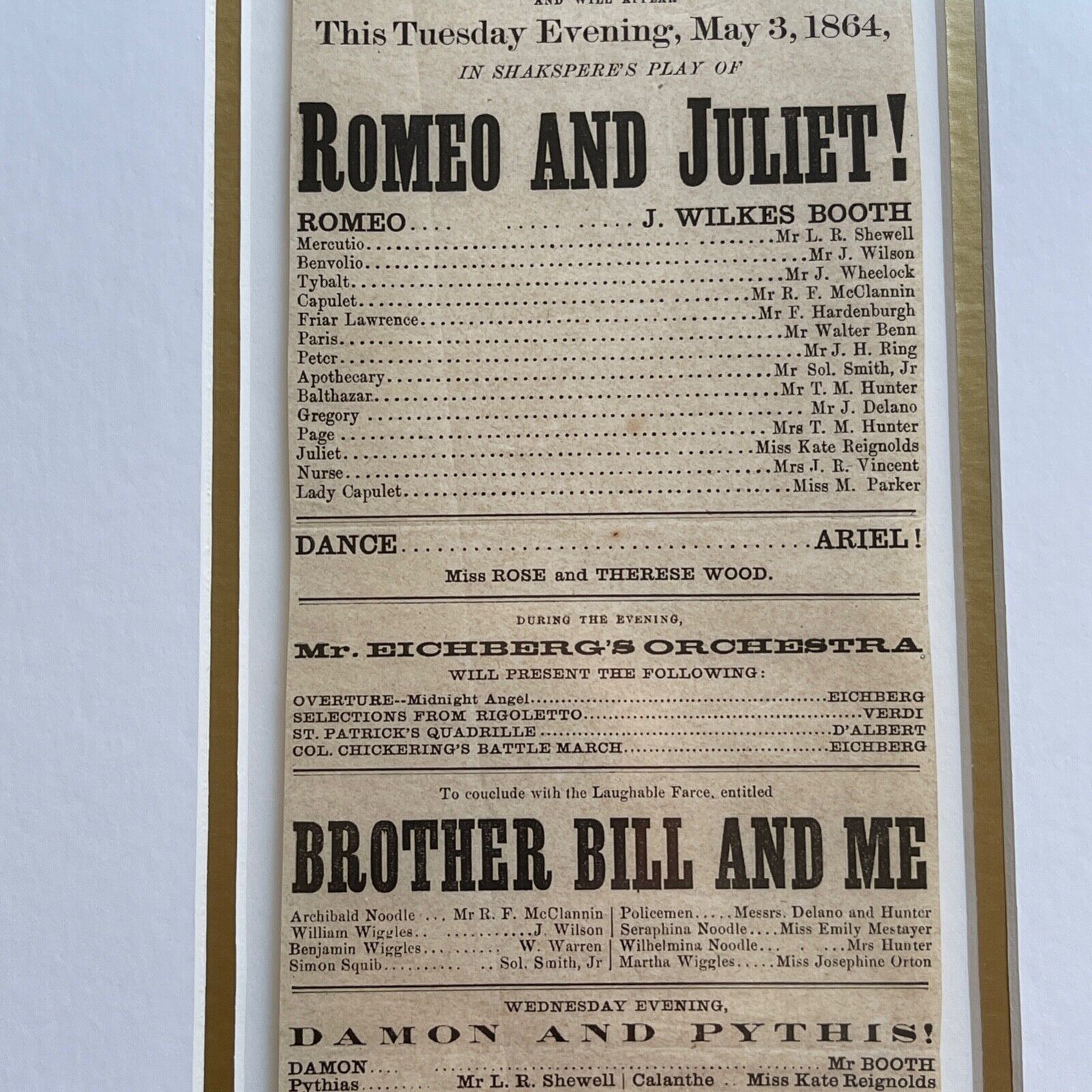 JOHN WILKES BOOTH * Authentic ROMEO & JULIET Playbill * 1864 * Abraham Lincoln