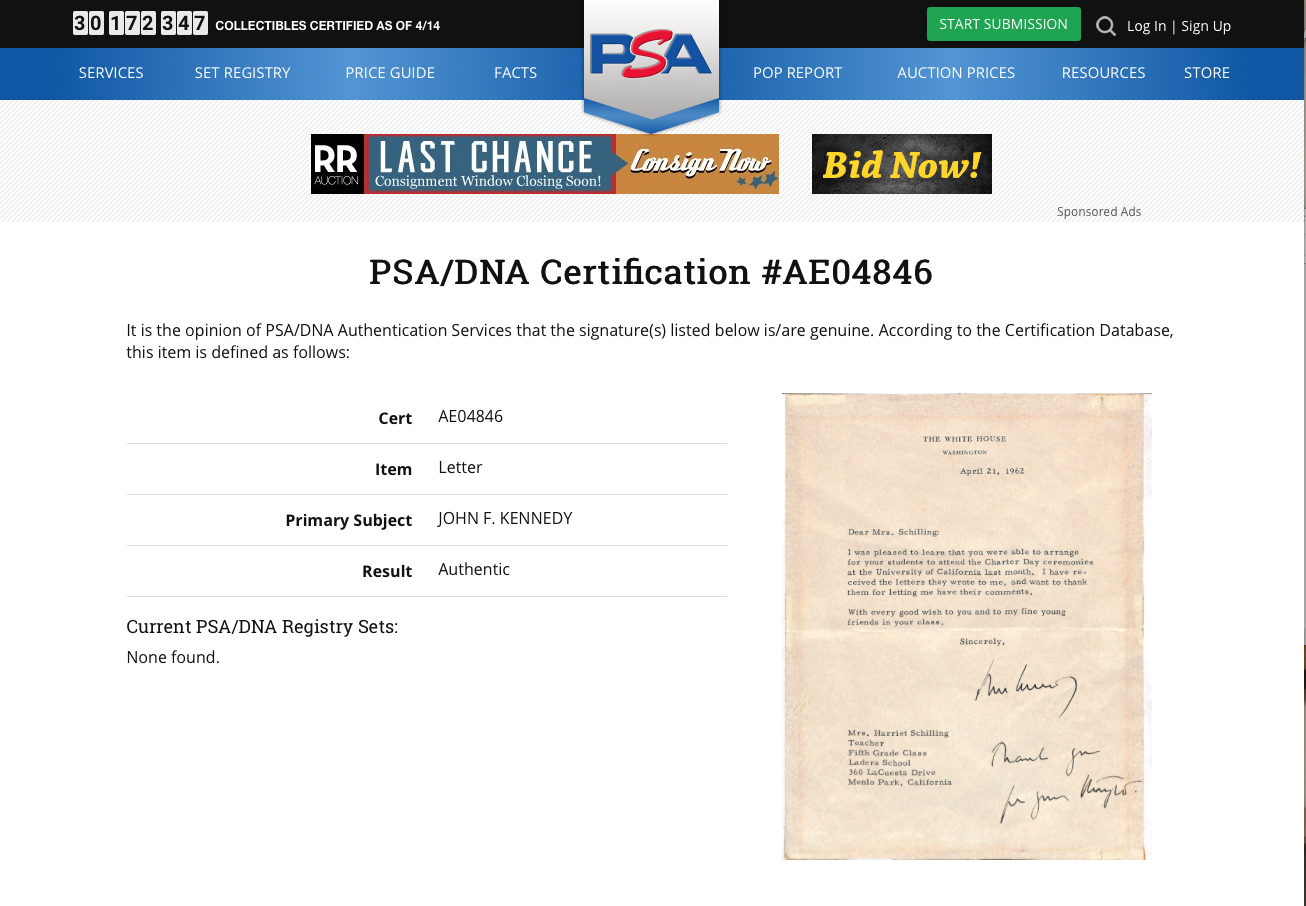 JOHN F. KENNEDY * PSA/DNA * WHITE HOUSE AUTOGRAPH Letter * Apollo + Soviets