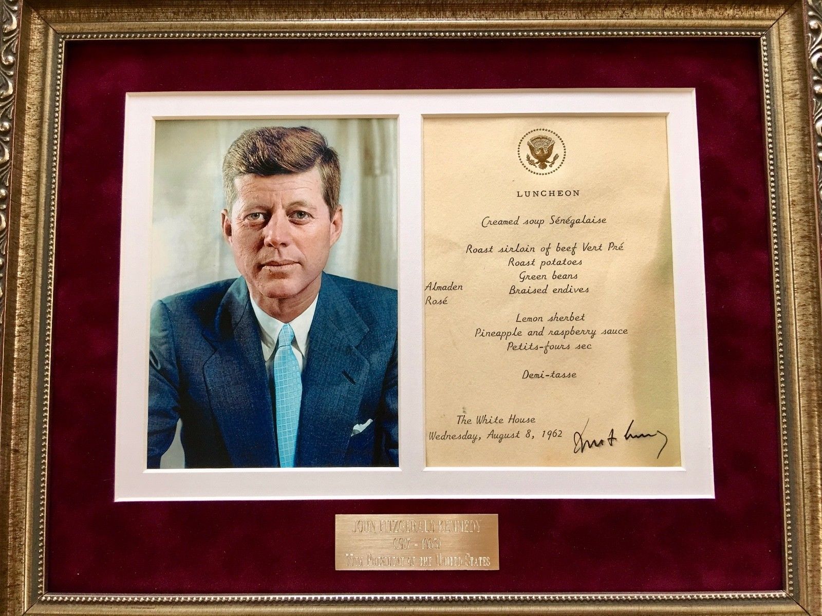 JOHN F. KENNEDY * AUTOGRAPH as PRESIDENT * White House Menu SIGNED * JFK 1962