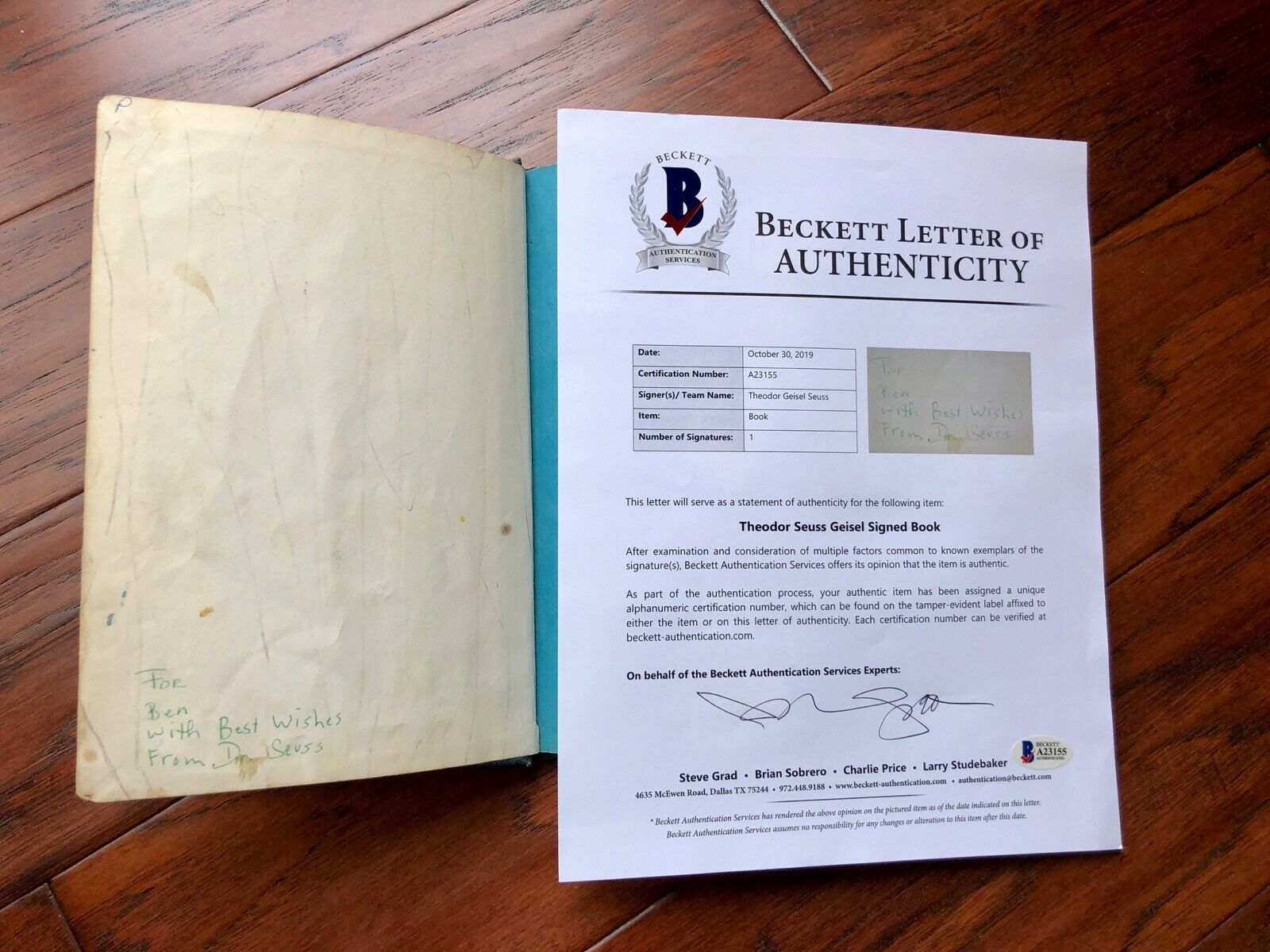 DR. SEUSS * BAS * Authentic AUTOGRAPH "Cat In The Hat" SIGNED * Kids Classic