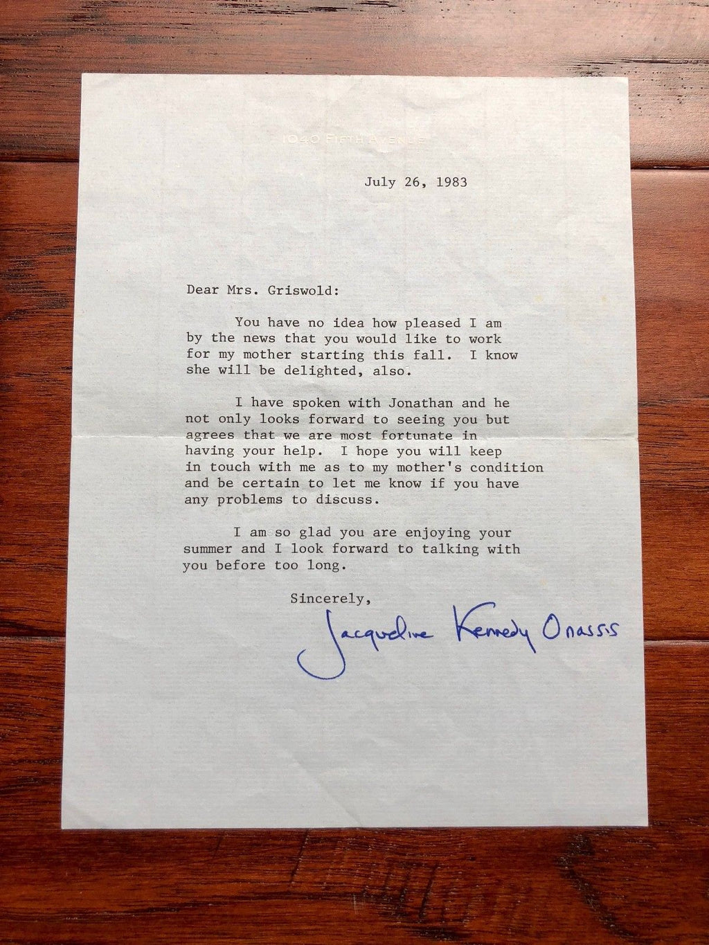 JACQUELINE KENNEDY * PSA/DNA * AUTOGRAPH Typed Letter SIGNED To Mom's Caretaker