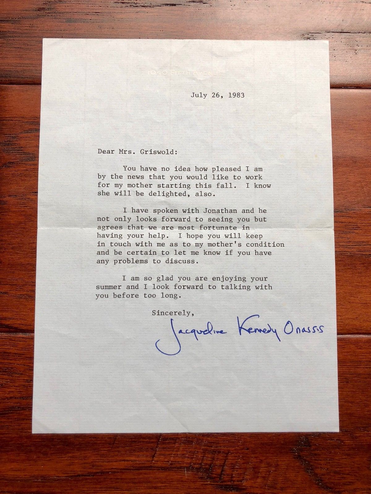 JACQUELINE KENNEDY * PSA/DNA * AUTOGRAPH Typed Letter SIGNED To Mom's Caretaker