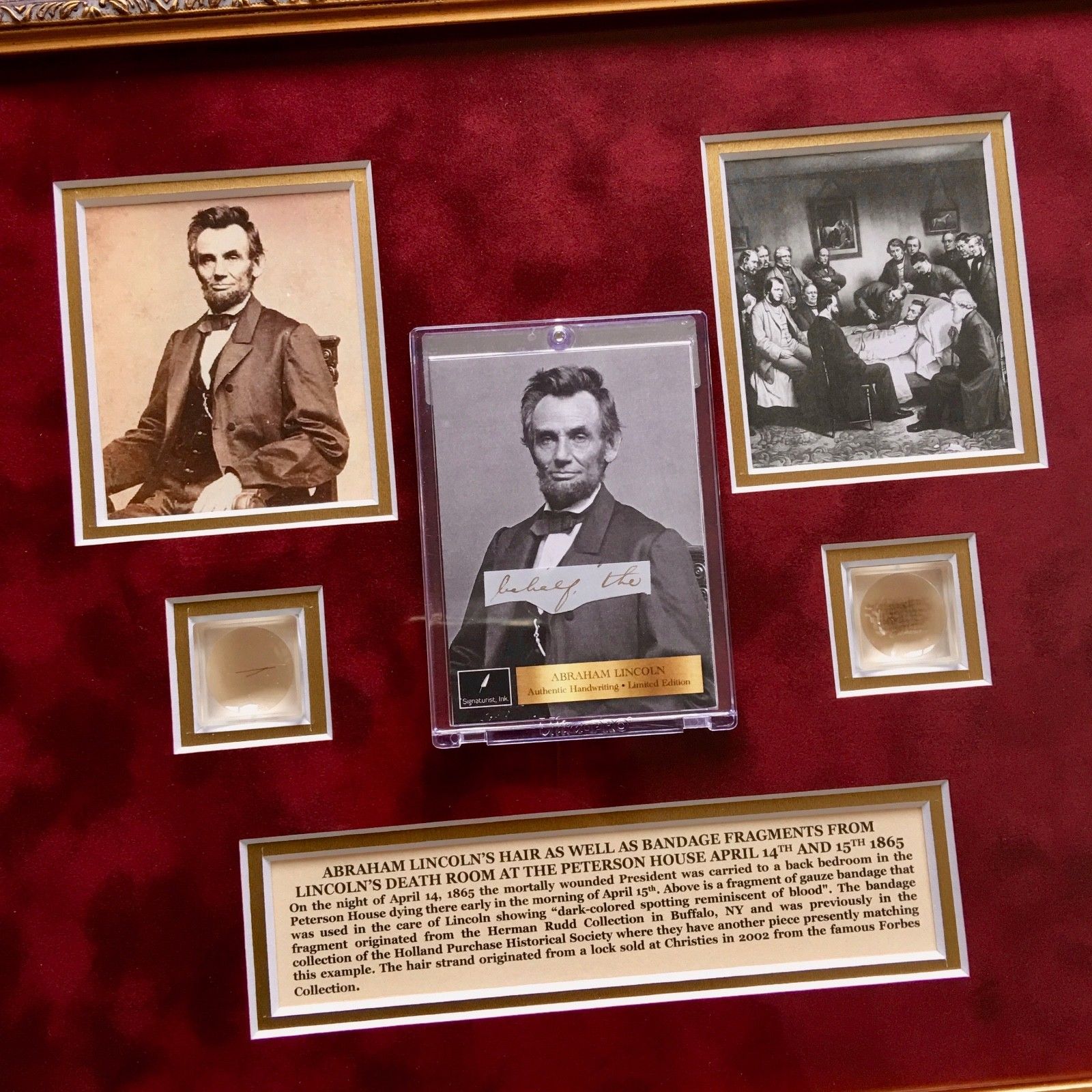 ABRAHAM LINCOLN * Genuine DEATHBED BANDAGE Relic + HAIR + PSA Cut Words * COAs
