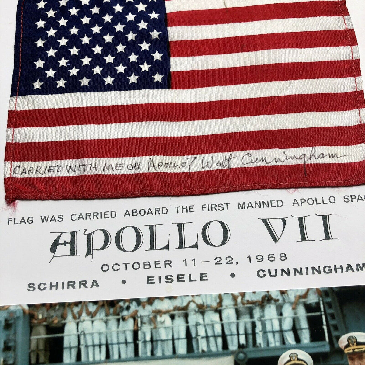 APOLLO 7 * Walt Cunningham Personal Collection Signed FLOWN US Flag * Autograph