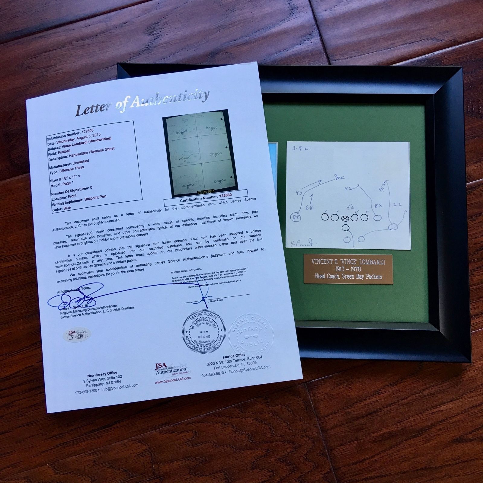 VINCE LOMBARDI JSA COA Scarce Handwritten Play Packers