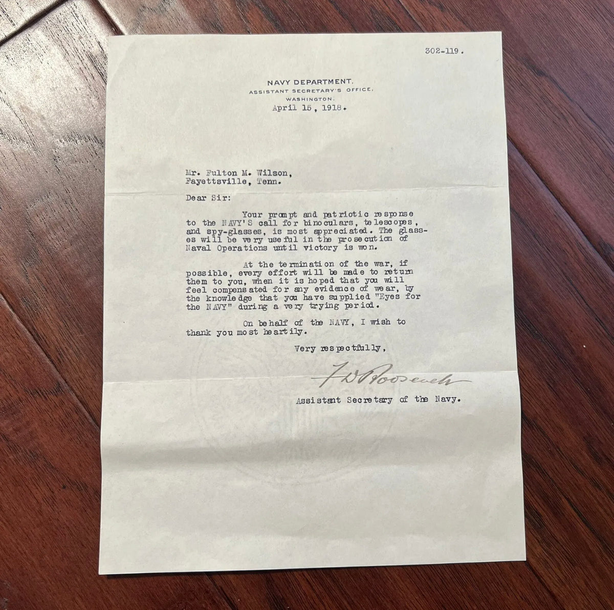 FRANKLIN D. ROOSEVELT * JSA * Autograph Signed Letter for Binoculars Used in WWI