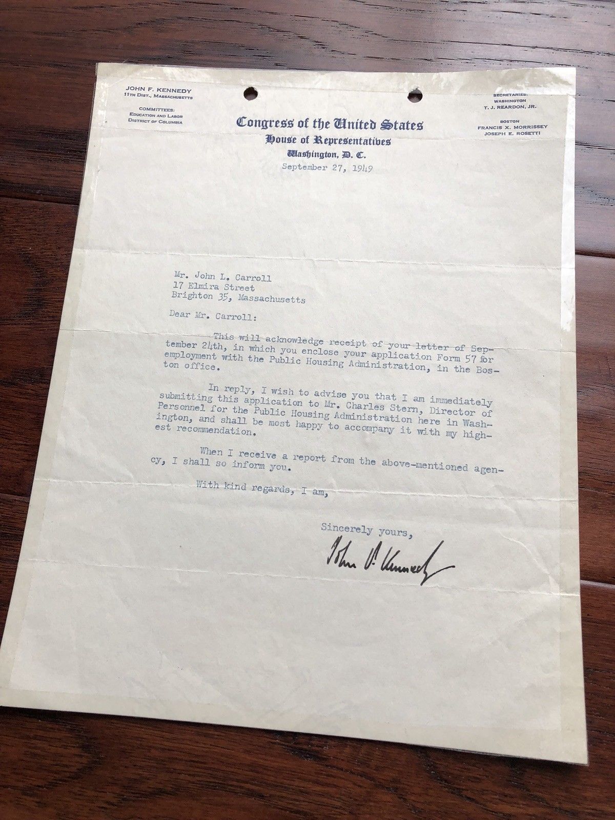 JOHN F. KENNEDY * EARLY 1949 Autograph Letter SIGNED * President House of Reps