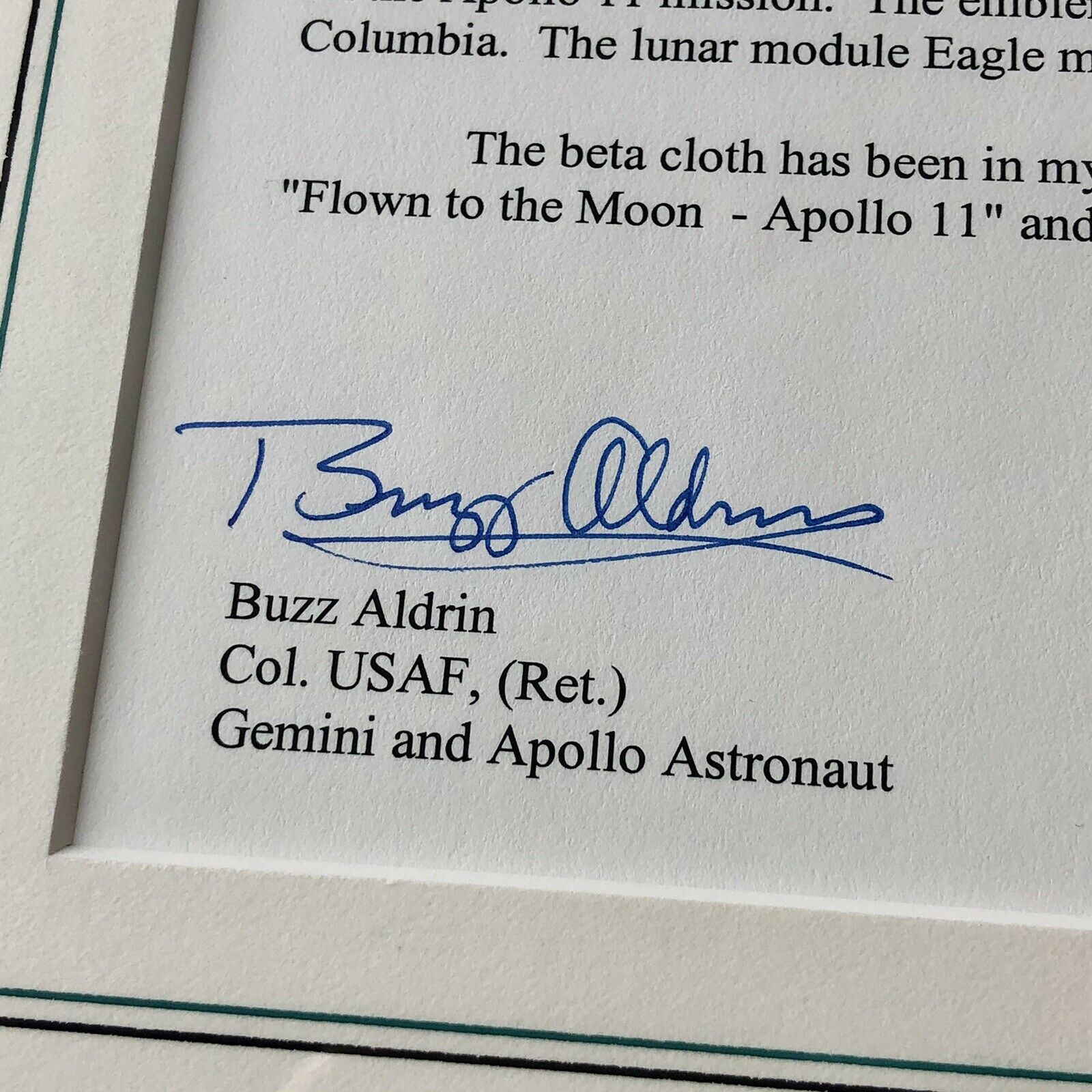 BUZZ ALDRIN * Apollo 11 Flown Signed Beta Cloth * Aldrin Personal Collection