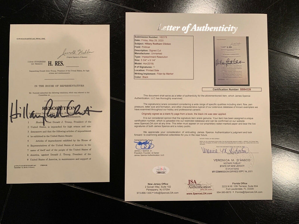 HILLARY CLINTON * JSA * Souvenir Trump ARTICLES OF IMPEACHMENT Signed Autograph