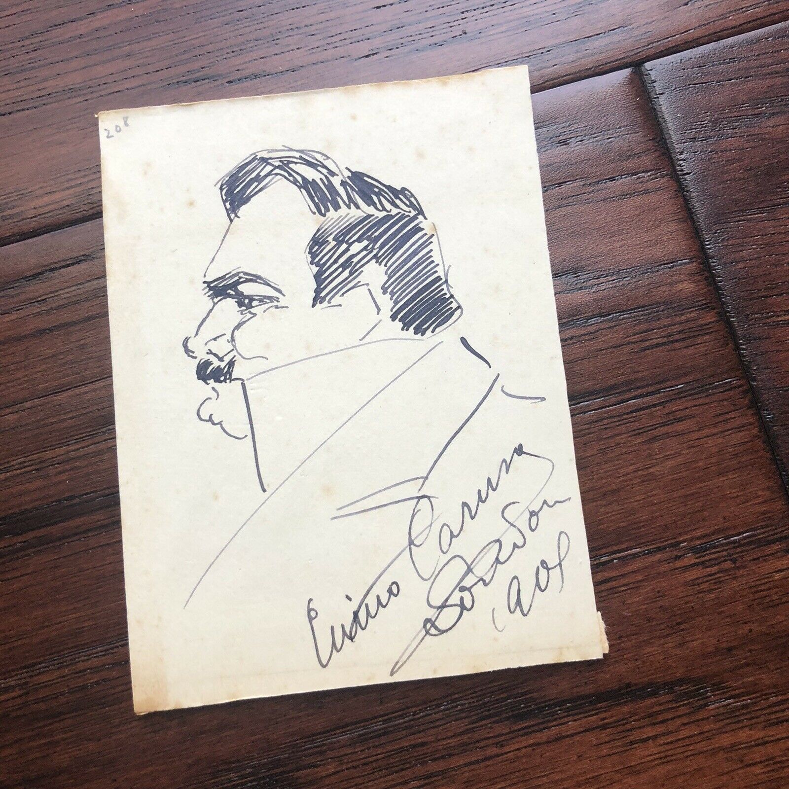 ENRICO CARUSO * Beckett BAS * Hand Signed Drawing Self Portrait Autograph *