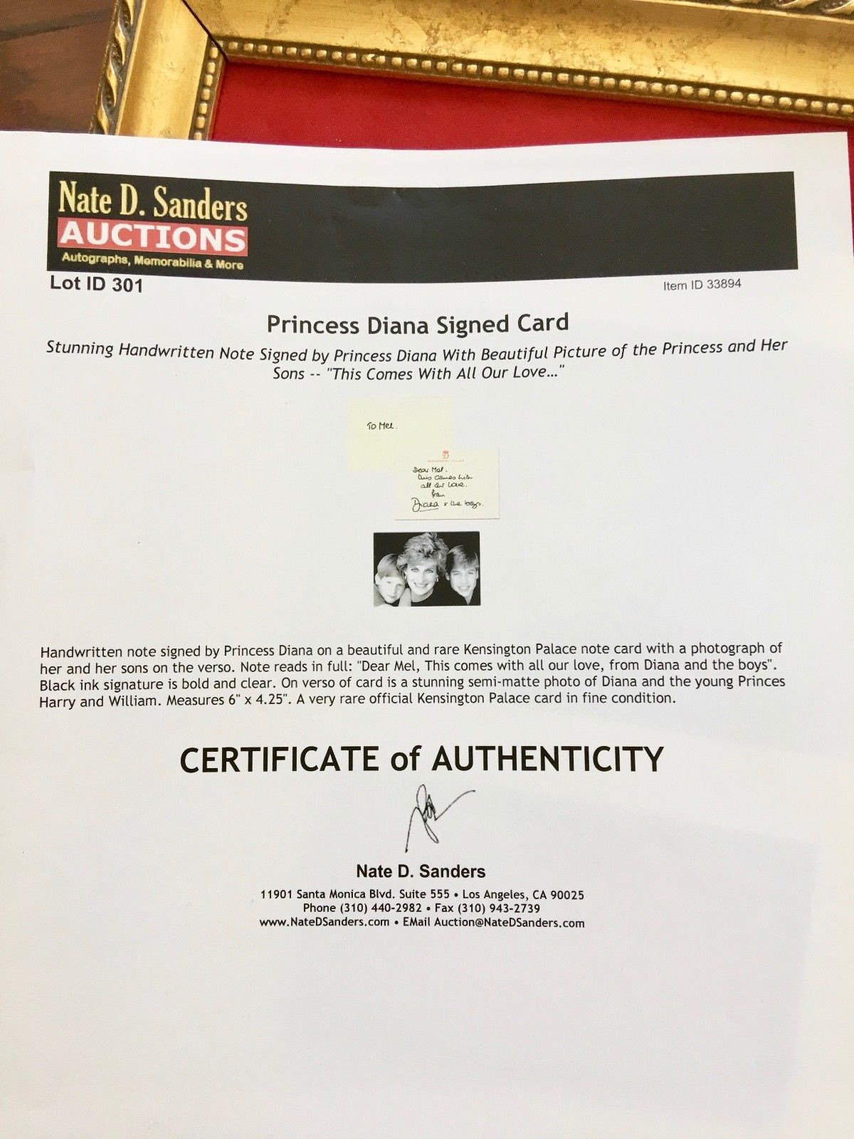 DIANA * Princess of Wales * KENSINGTON Autograph "love DIANA + THE BOYS" Signed