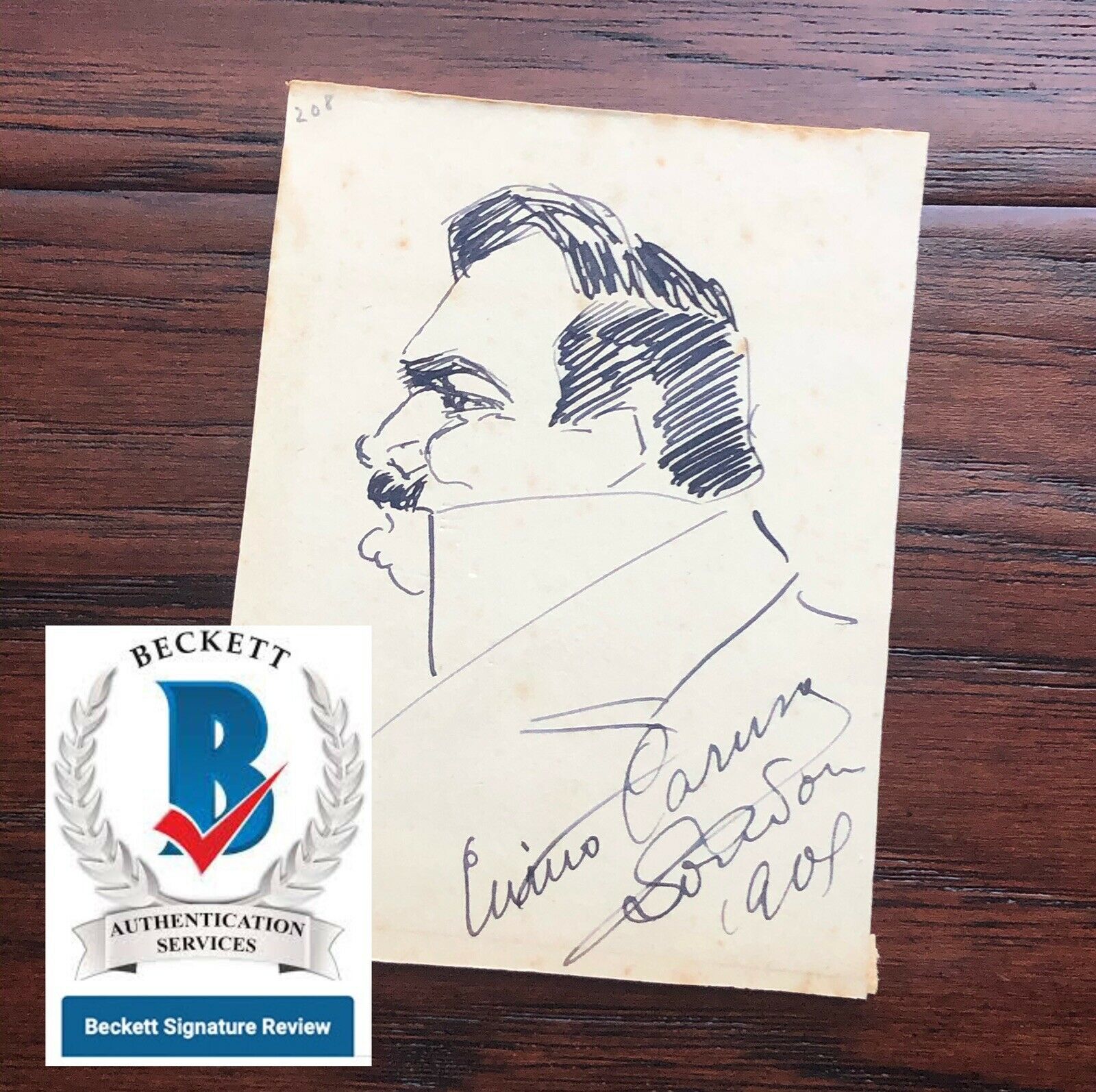 ENRICO CARUSO * Beckett BAS * Hand Signed Drawing Self Portrait Autograph *