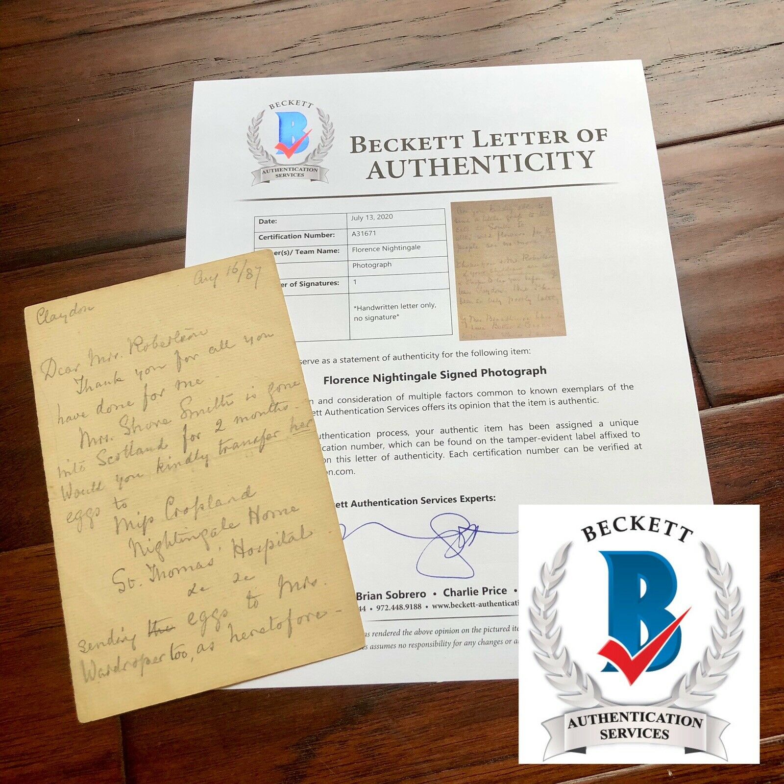 FLORENCE NIGHTINGALE * BAS Beckett * Signed Handwritten Letter Autograph * Nurse